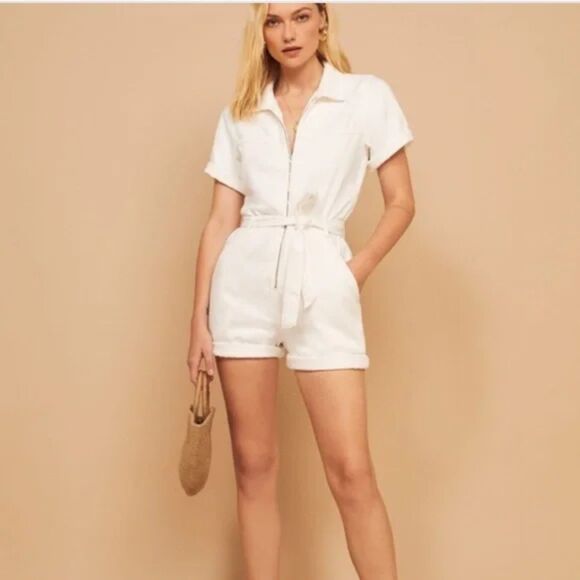 REFORMATION RENEWED WHITE DENIM SHORTS JUMPSUIT SIZE 0 ECO FRIENDLY - Picture 2 of 7